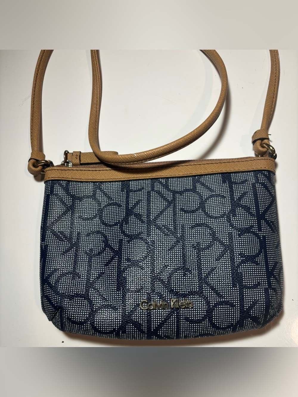 Calvin Klein Navy and Tan Logo Crossbody Pouch